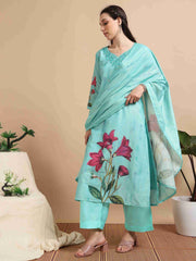 light turquoise Digital Printed Hand work Embroidered A-Line Kurti, Pant and Dupatta Set