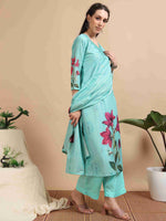 Load image into Gallery viewer, light turquoise Digital Printed Hand work Embroidered A-Line Kurti, Pant and Dupatta Set
