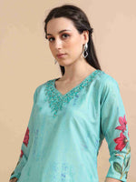 Load image into Gallery viewer, light turquoise Digital Printed Hand work Embroidered A-Line Kurti, Pant and Dupatta Set
