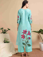 Load image into Gallery viewer, light turquoise Digital Printed Hand work Embroidered A-Line Kurti, Pant and Dupatta Set
