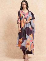 Load image into Gallery viewer, Wine Digital Printed Hand work Embroidered A-Line Kurti, Pant and Dupatta Set
