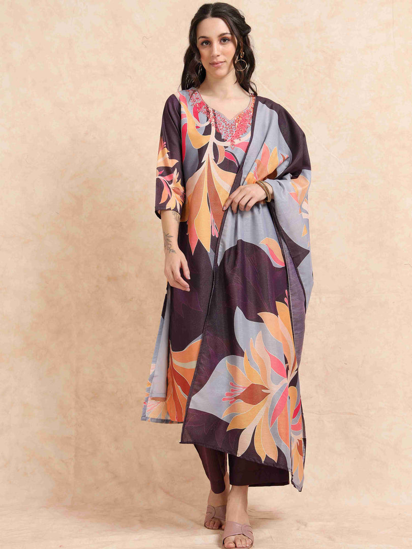 Wine Digital Printed Hand work Embroidered A-Line Kurti, Pant and Dupatta Set