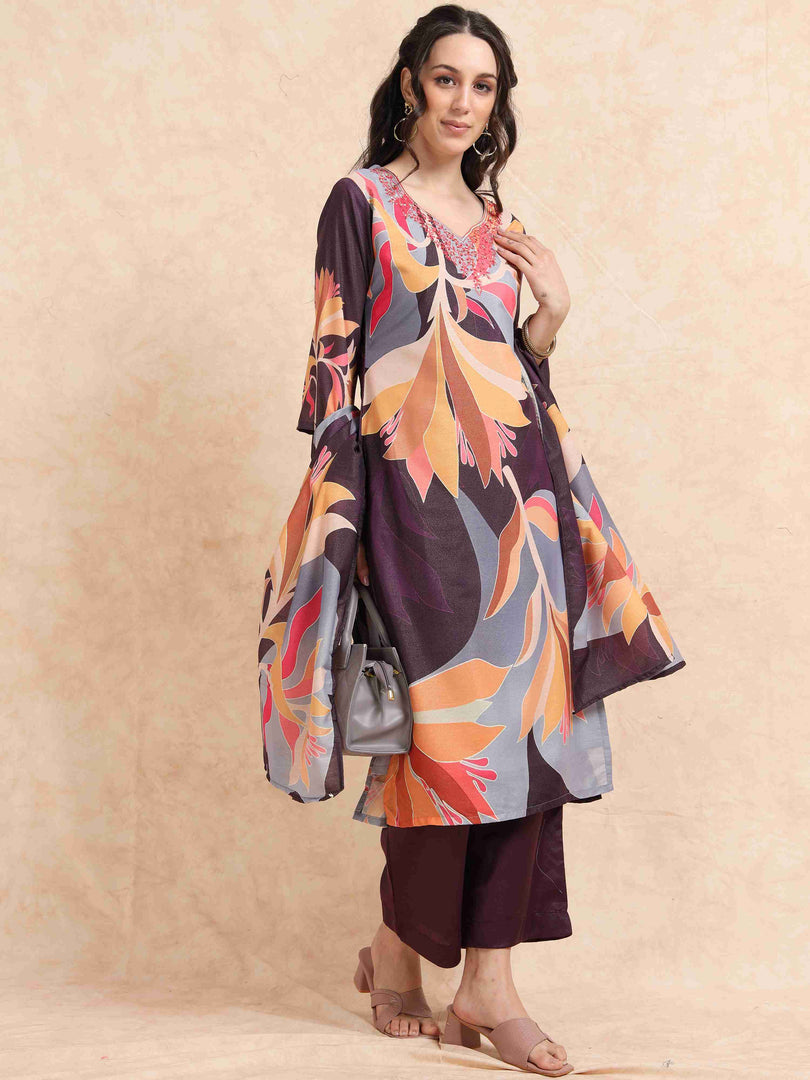 Wine Digital Printed Hand work Embroidered A-Line Kurti, Pant and Dupatta Set