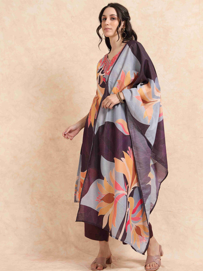 Wine Digital Printed Hand work Embroidered A-Line Kurti, Pant and Dupatta Set