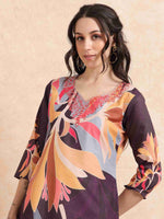 Load image into Gallery viewer, Wine Digital Printed Hand work Embroidered A-Line Kurti, Pant and Dupatta Set
