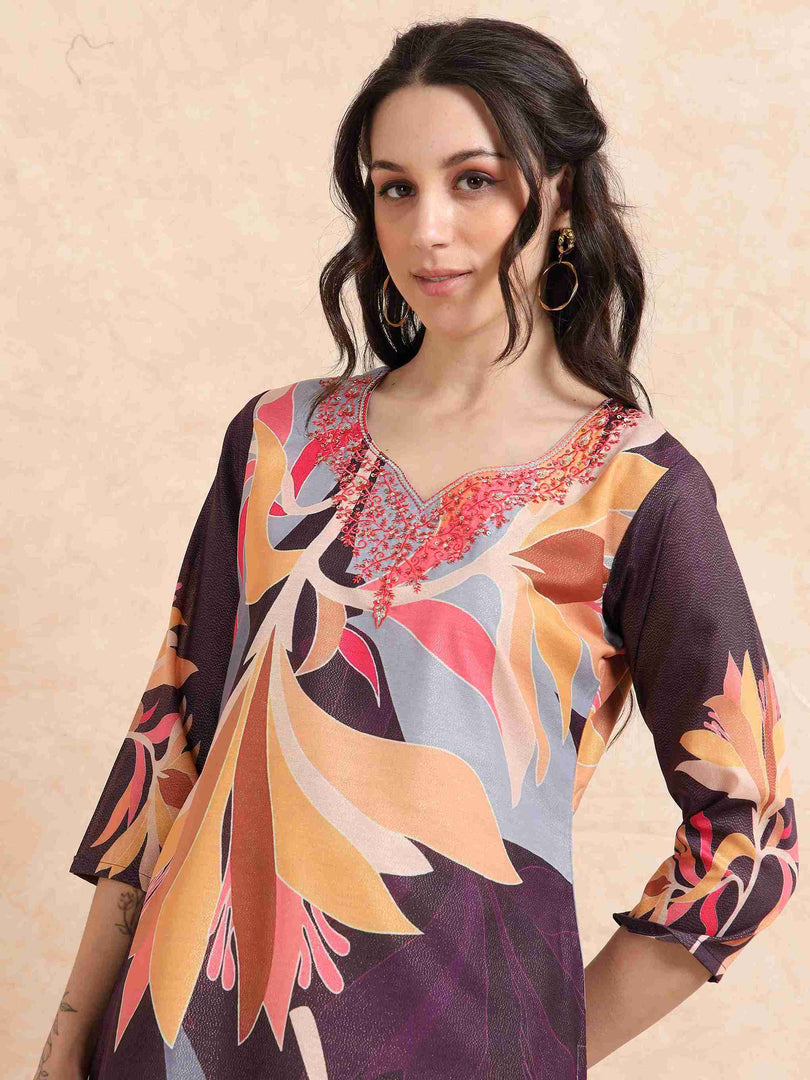 Wine Digital Printed Hand work Embroidered A-Line Kurti, Pant and Dupatta Set