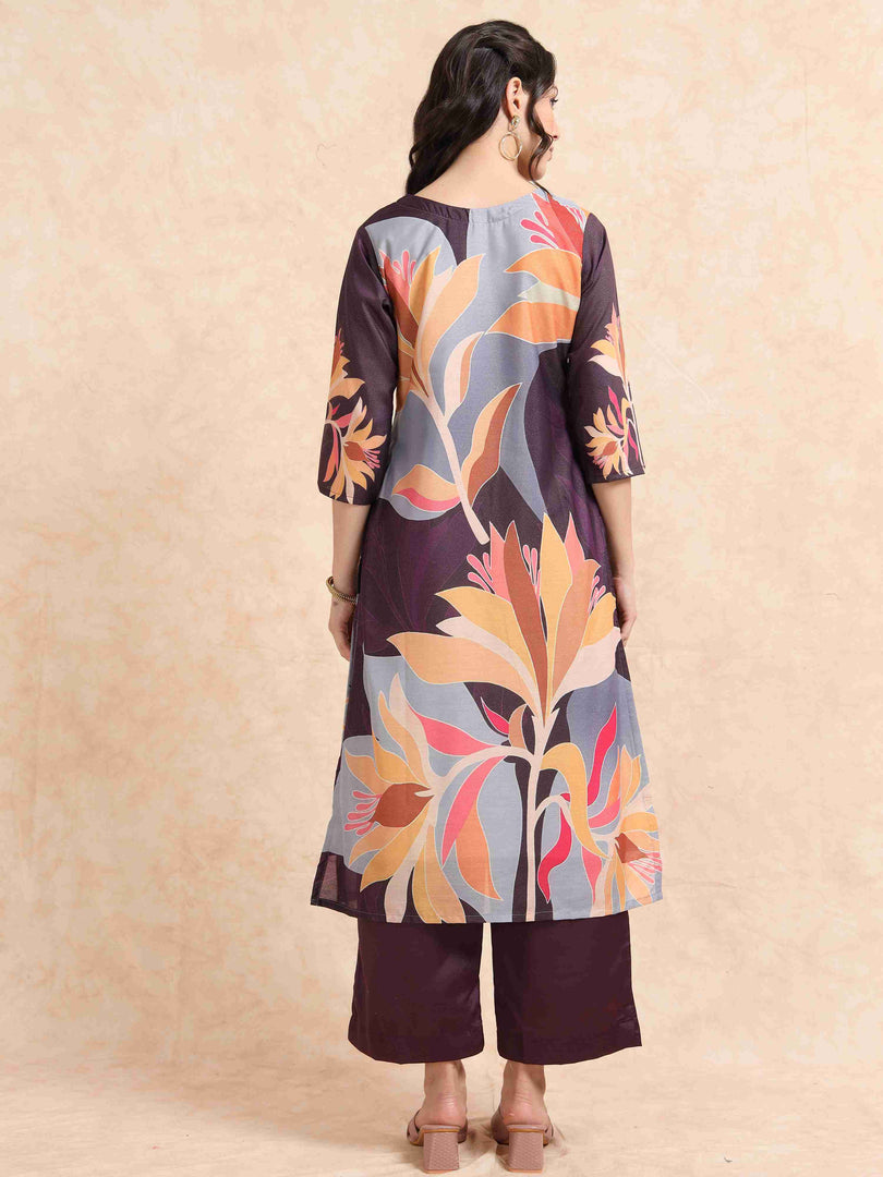 Wine Digital Printed Hand work Embroidered A-Line Kurti, Pant and Dupatta Set