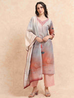 Load image into Gallery viewer, Grey Digital Printed Hand work Embroidered A-Line Kurti, Pant and Dupatta Set

