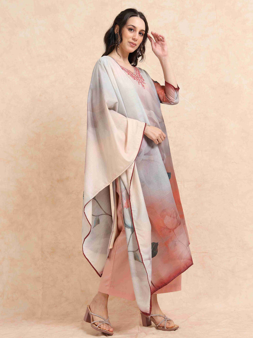 Grey Digital Printed Hand work Embroidered A-Line Kurti, Pant and Dupatta Set