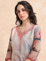 Load image into Gallery viewer, Grey Digital Printed Hand work Embroidered A-Line Kurti, Pant and Dupatta Set
