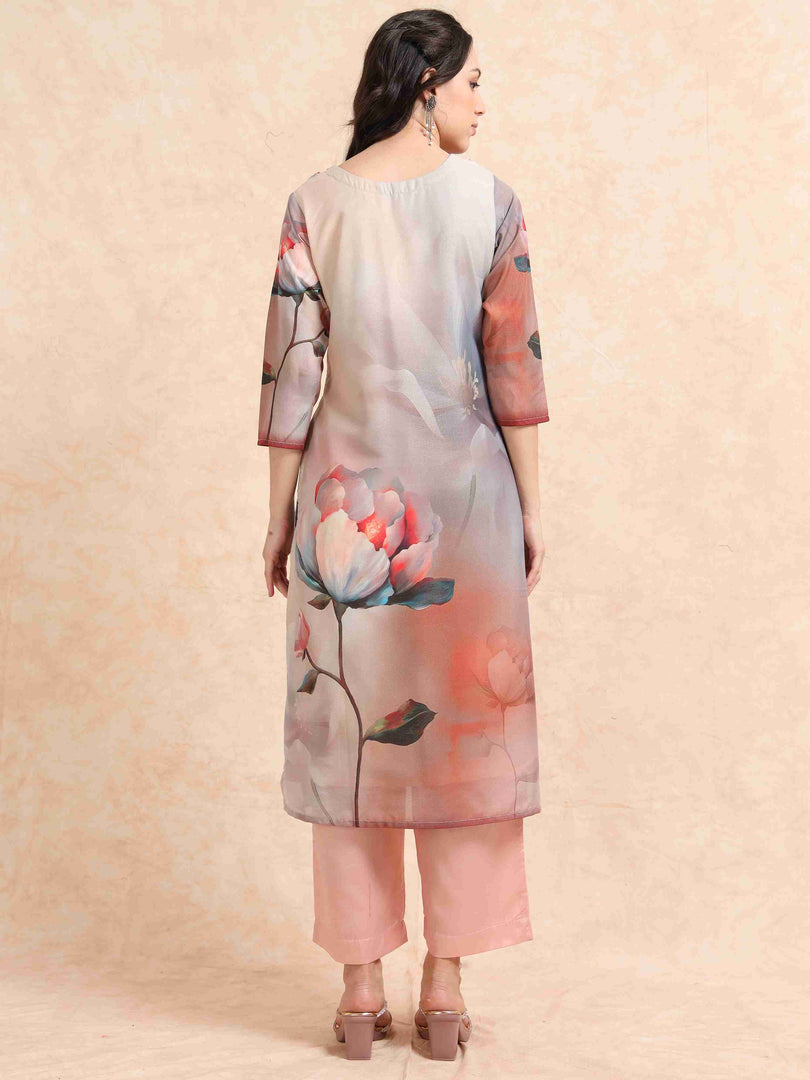 Grey Digital Printed Hand work Embroidered A-Line Kurti, Pant and Dupatta Set
