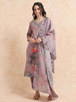 Load image into Gallery viewer, Lavender Digital Printed Hand work Embroidered A-Line Kurti, Pant and Dupatta Set
