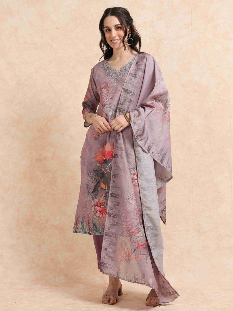 Lavender Digital Printed Hand work Embroidered A-Line Kurti, Pant and Dupatta Set