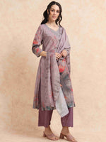 Load image into Gallery viewer, Lavender Digital Printed Hand work Embroidered A-Line Kurti, Pant and Dupatta Set
