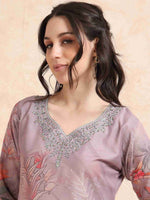 Load image into Gallery viewer, Lavender Digital Printed Hand work Embroidered A-Line Kurti, Pant and Dupatta Set
