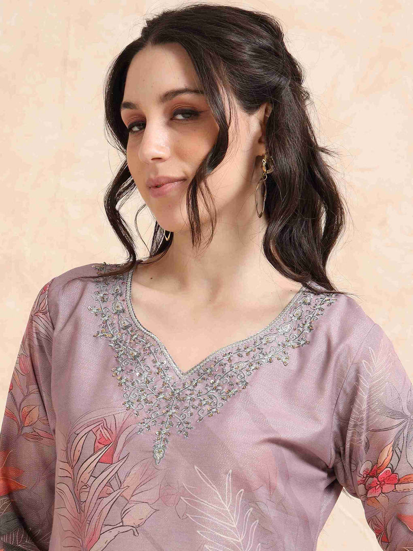 Lavender Digital Printed Hand work Embroidered A-Line Kurti, Pant and Dupatta Set
