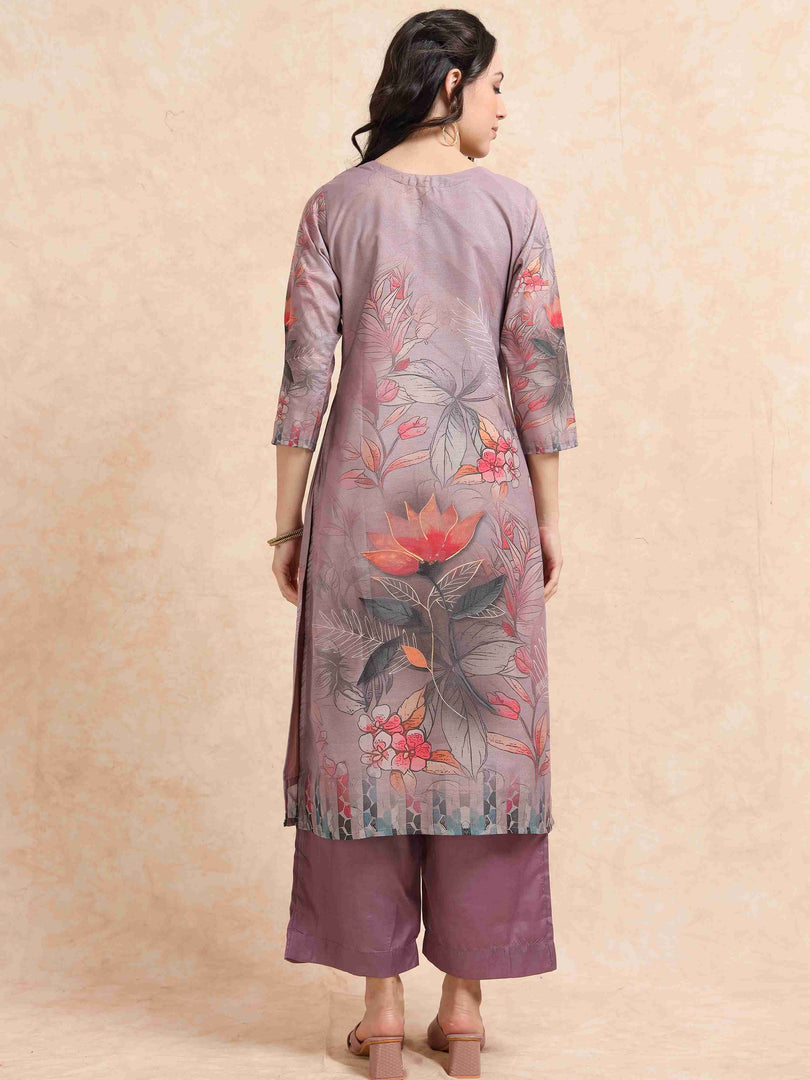 Lavender Digital Printed Hand work Embroidered A-Line Kurti, Pant and Dupatta Set