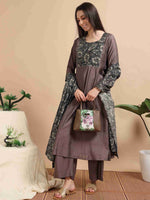 Load image into Gallery viewer, Warm Brown Vetican Silk Solid Hand work A-line Kurti, Pant and Dupatta Set