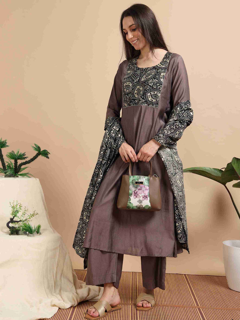 Warm Brown Vetican Silk Solid Hand work A-line Kurti, Pant and Dupatta Set