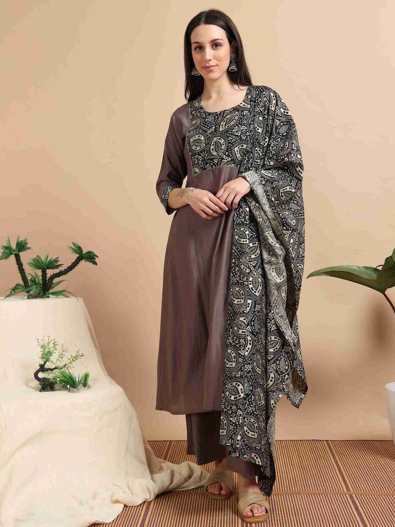 Warm Brown Vetican Silk Solid Hand work A-line Kurti, Pant and Dupatta Set