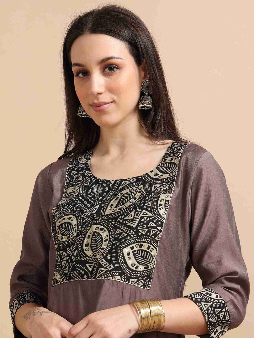 Warm Brown Vetican Silk Solid Hand work A-line Kurti, Pant and Dupatta Set