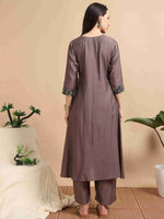 Load image into Gallery viewer, Warm Brown Vetican Silk Solid Hand work A-line Kurti, Pant and Dupatta Set