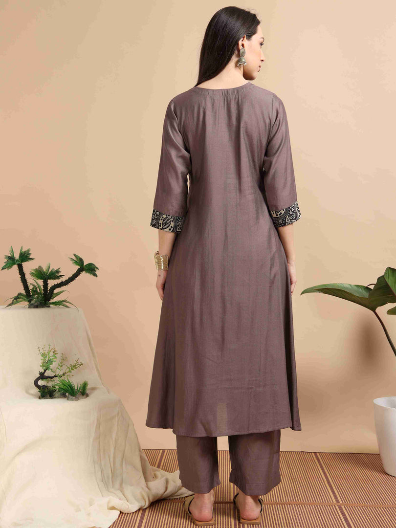 Warm Brown Vetican Silk Solid Hand work A-line Kurti, Pant and Dupatta Set