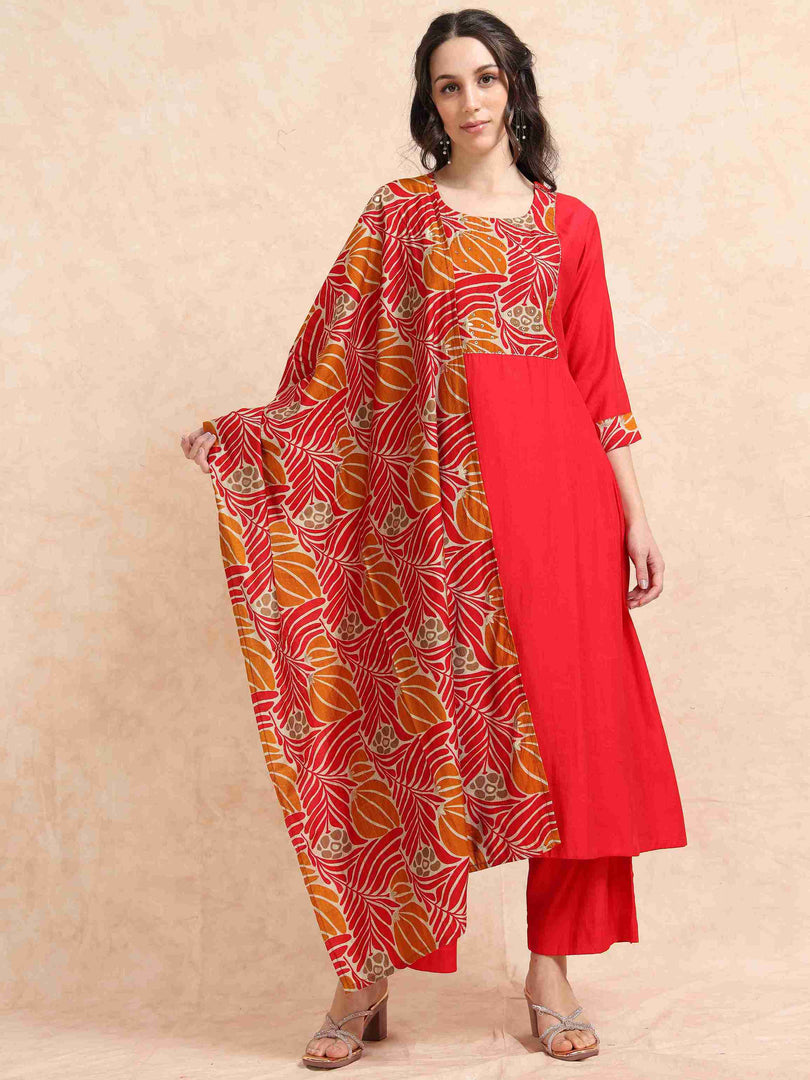 Red Vetican Silk Solid Hand work A-line Kurti, Pant and Dupatta Set