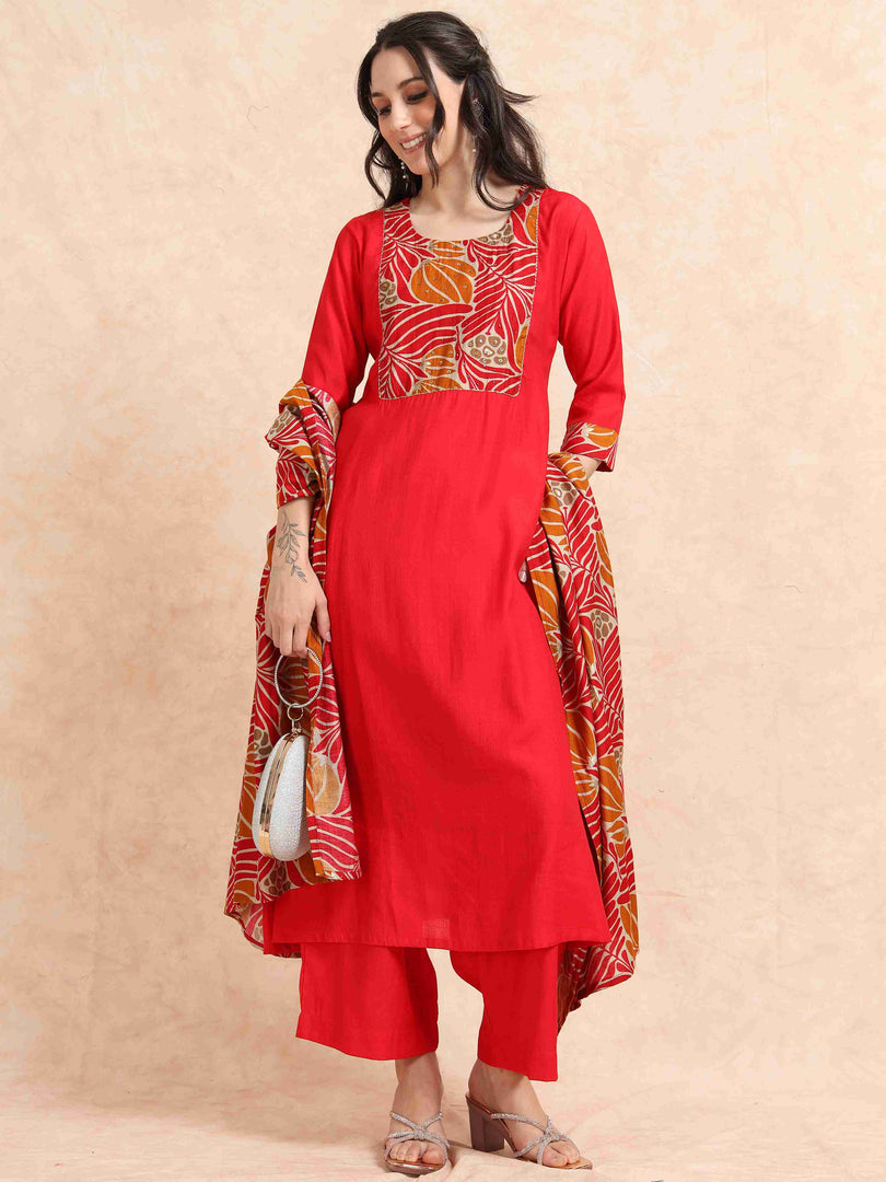 Red Vetican Silk Solid Hand work A-line Kurti, Pant and Dupatta Set