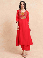Load image into Gallery viewer, Red Vetican Silk Solid Hand work A-line Kurti, Pant and Dupatta Set