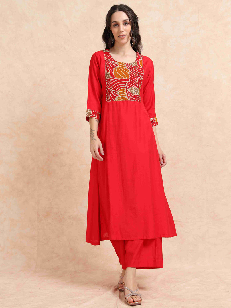 Red Vetican Silk Solid Hand work A-line Kurti, Pant and Dupatta Set