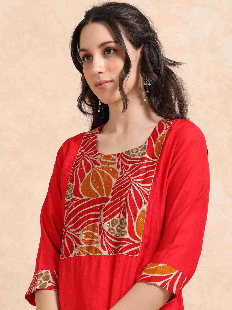 Red Vetican Silk Solid Hand work A-line Kurti, Pant and Dupatta Set
