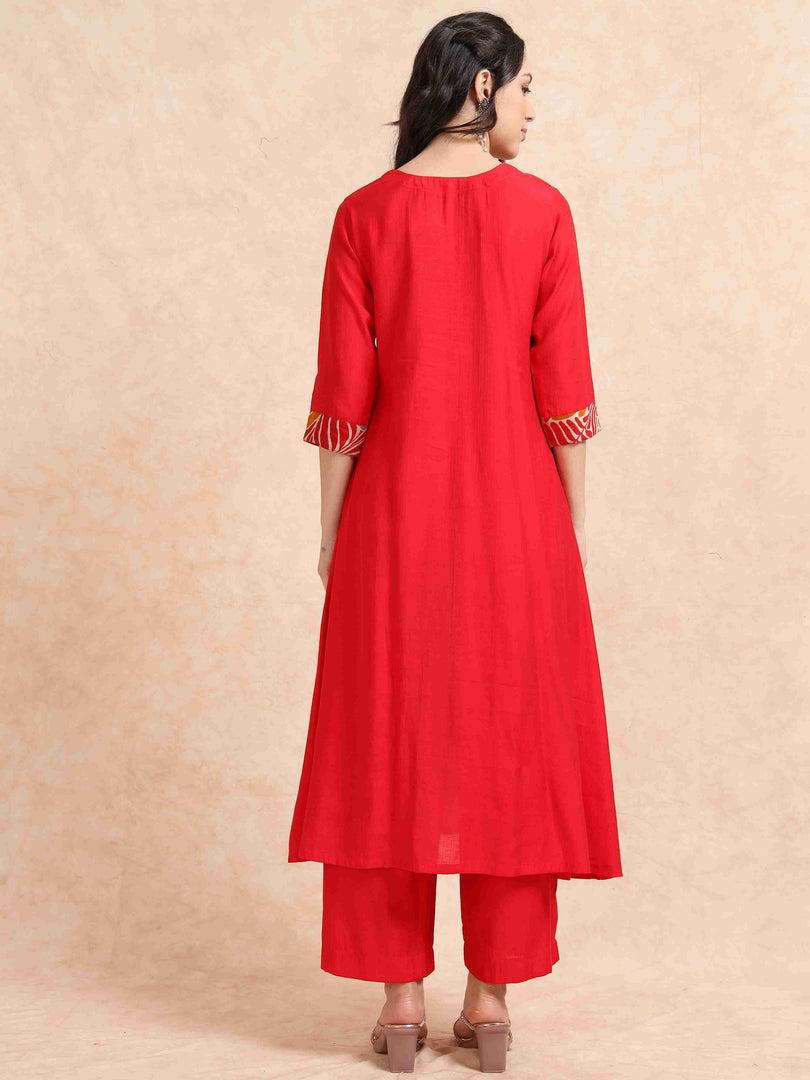 Red Vetican Silk Solid Hand work A-line Kurti, Pant and Dupatta Set