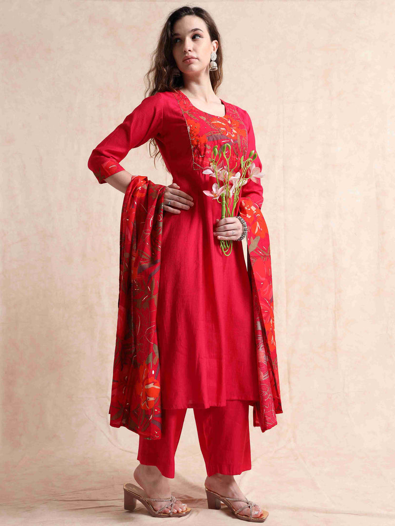 Red Vetican Silk Solid Hand work A-line Kurti, Pant and Dupatta Set