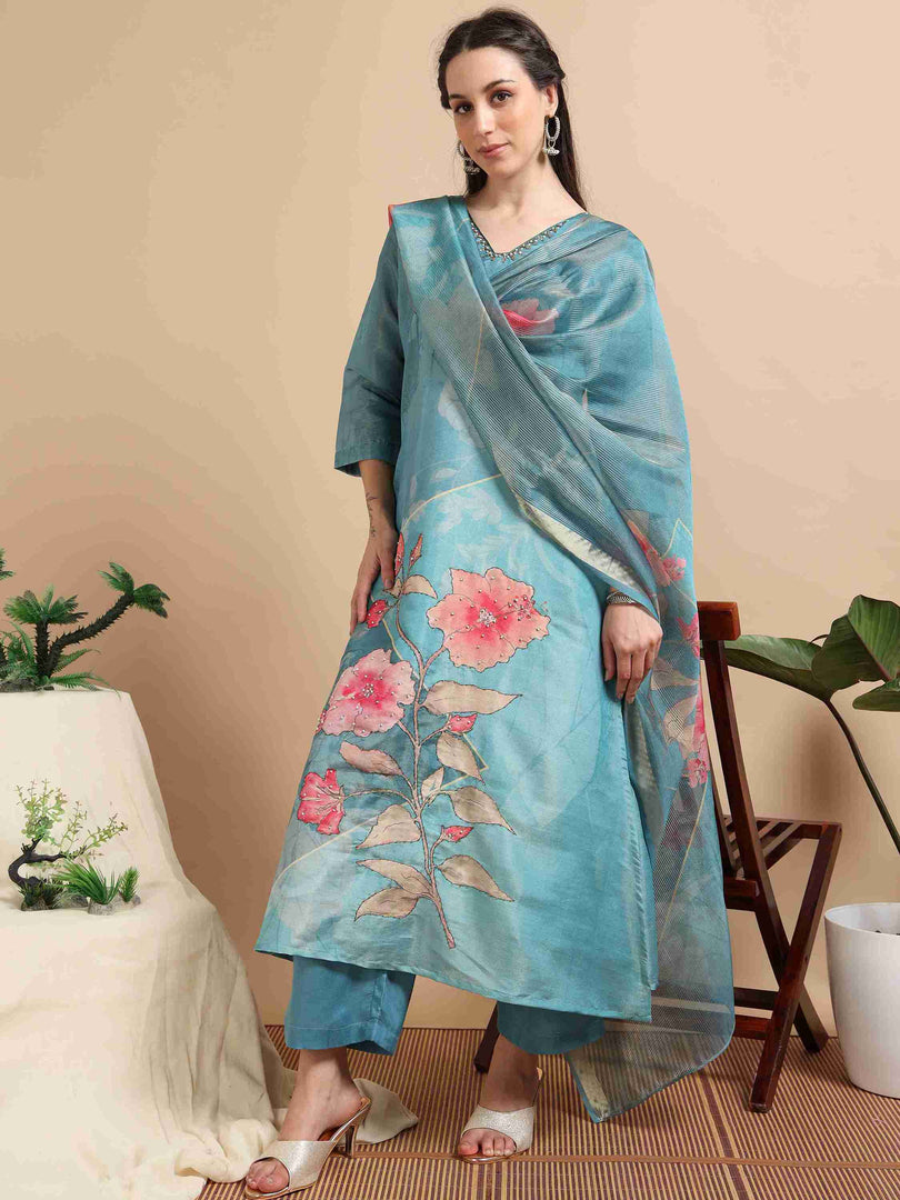Sky Blue Tissue Shimmer Digital Printed Hand work A-line Kurti, Pant and Printed dupatta Set