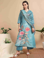 Load image into Gallery viewer, Sky Blue Tissue Shimmer Digital Printed Hand work A-line Kurti, Pant and Printed dupatta Set