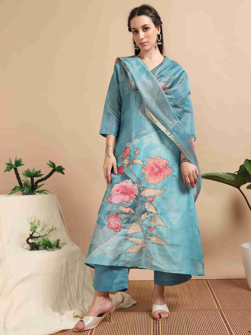 Sky Blue Tissue Shimmer Digital Printed Hand work A-line Kurti, Pant and Printed dupatta Set