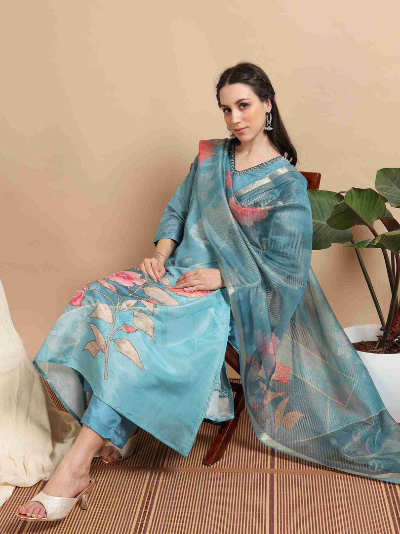 Sky Blue Tissue Shimmer Digital Printed Hand work A-line Kurti, Pant and Printed dupatta Set