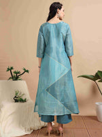 Load image into Gallery viewer, Sky Blue Tissue Shimmer Digital Printed Hand work A-line Kurti, Pant and Printed dupatta Set