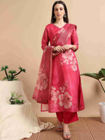 Load image into Gallery viewer, Rose Pink Tissue Shimmer Digital Printed Hand work A-line Kurti, Pant and Printed dupatta Set
