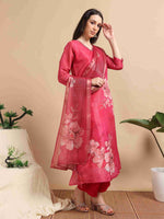 Load image into Gallery viewer, Rose Pink Tissue Shimmer Digital Printed Hand work A-line Kurti, Pant and Printed dupatta Set
