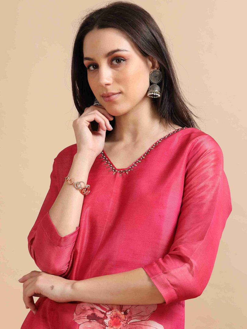 Rose Pink Tissue Shimmer Digital Printed Hand work A-line Kurti, Pant and Printed dupatta Set