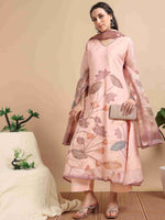 Load image into Gallery viewer, Blush pink Tissue Shimmer Digital Printed Hand work A-line Kurti, Pant and Printed dupatta Set
