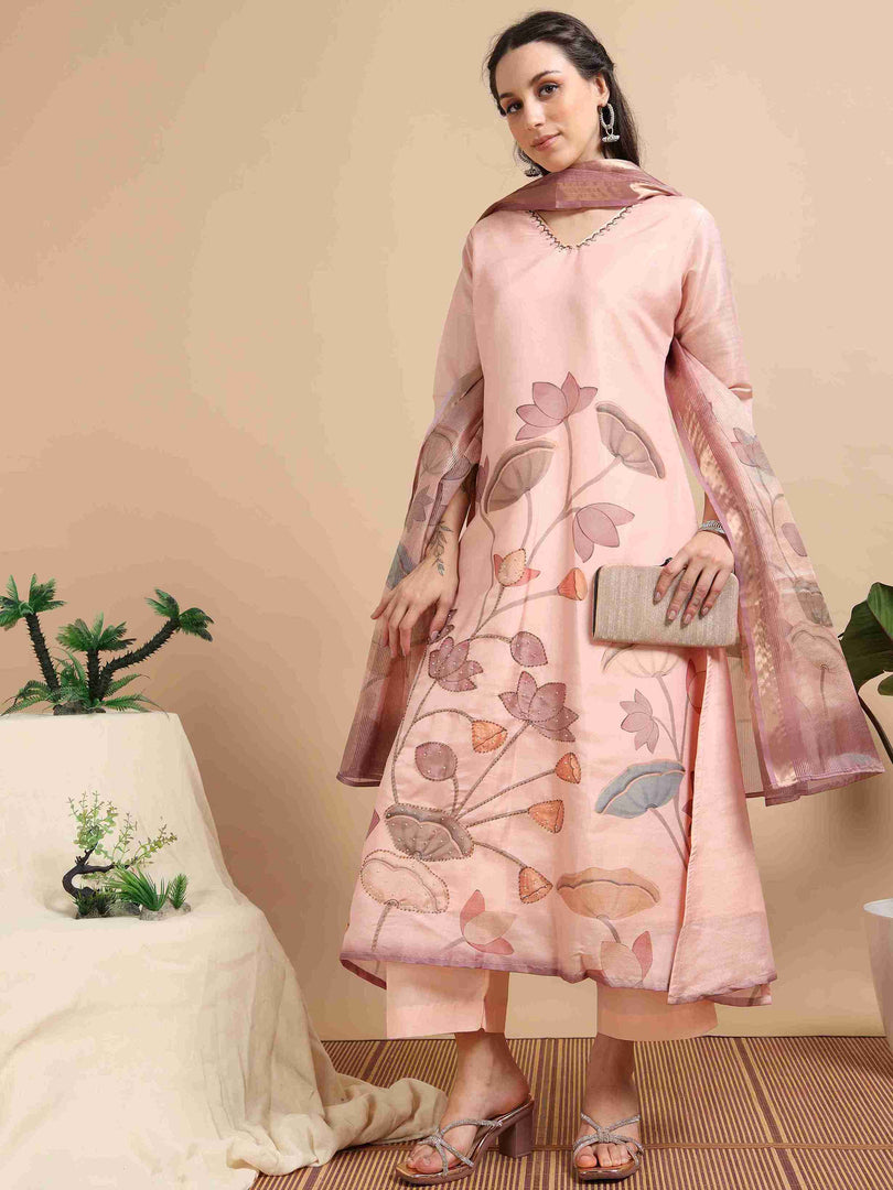 Blush pink Tissue Shimmer Digital Printed Hand work A-line Kurti, Pant and Printed dupatta Set