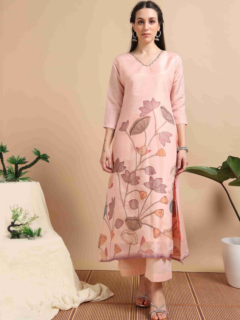 Blush pink Tissue Shimmer Digital Printed Hand work A-line Kurti, Pant and Printed dupatta Set