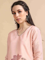 Load image into Gallery viewer, Blush pink Tissue Shimmer Digital Printed Hand work A-line Kurti, Pant and Printed dupatta Set
