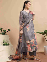 Load image into Gallery viewer, Grey Tissue Shimmer Digital Printed Hand work A-line Kurti, Pant and Printed dupatta Set
