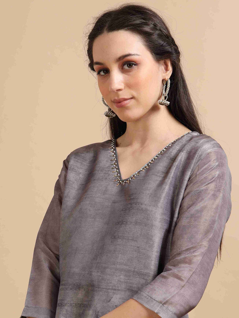 Grey Tissue Shimmer Digital Printed Hand work A-line Kurti, Pant and Printed dupatta Set