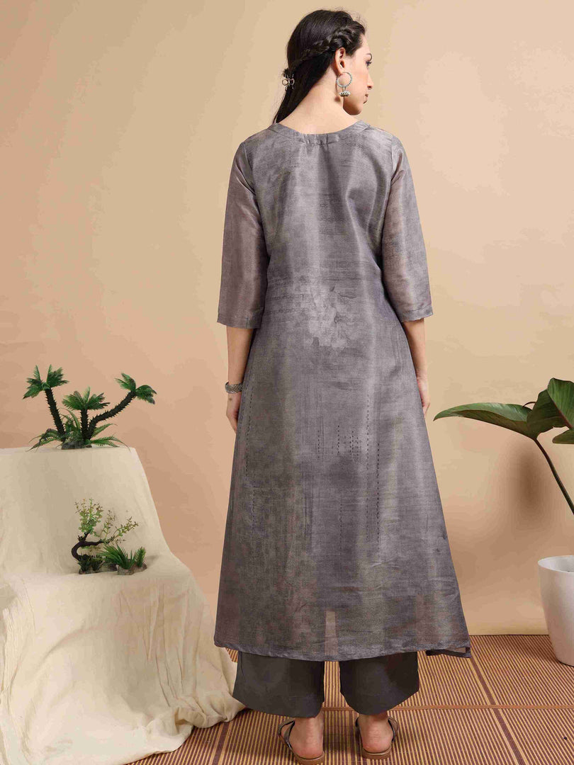 Grey Tissue Shimmer Digital Printed Hand work A-line Kurti, Pant and Printed dupatta Set