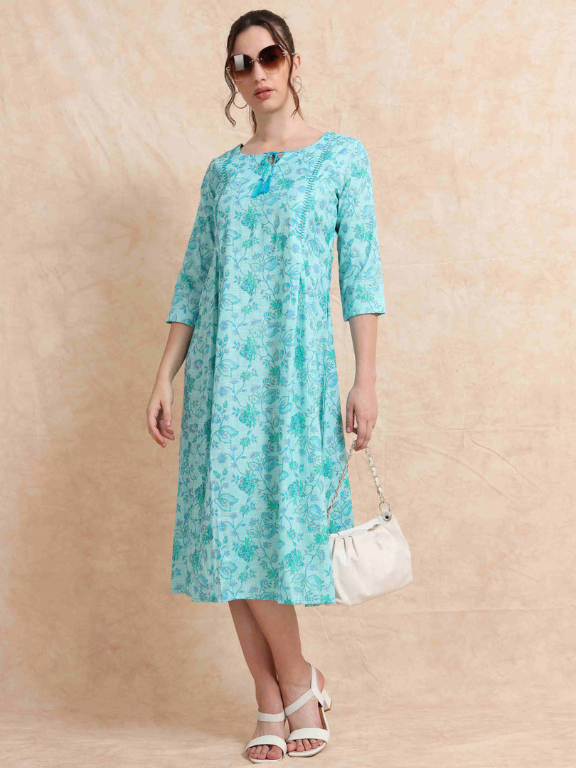 Blue Slub Cotton Floral Printed A-Line Kurti